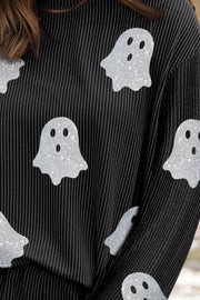 Black pleated loungewear top with allover glitter ghost print.