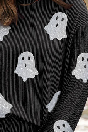 Black pleated loungewear top with allover glitter ghost print.