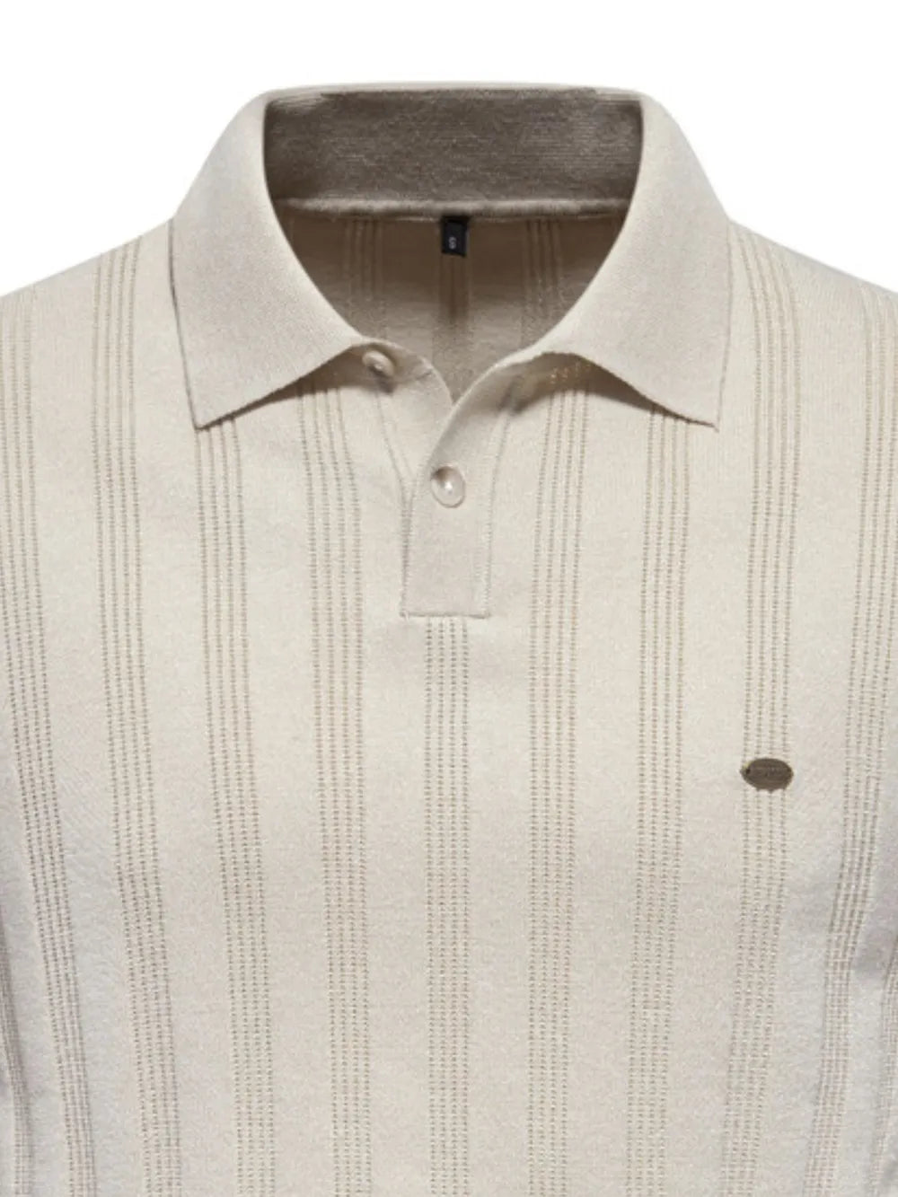 Beige ribbed knit polo shirt with vertical stripes and a small oval logo detail.