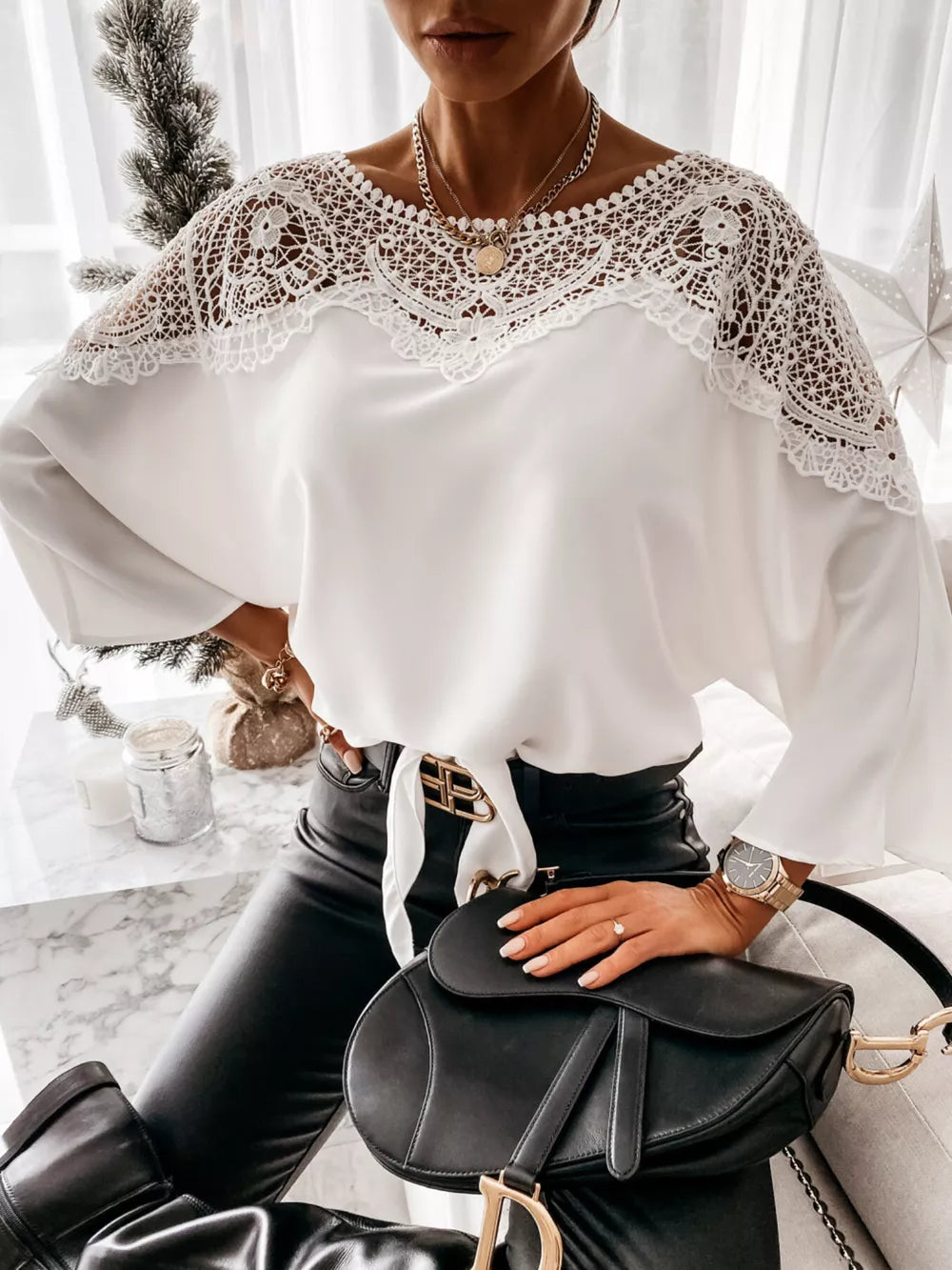 White long sleeve shirt with lace yoke and tie waist detail