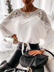 White long sleeve shirt with lace yoke and tie waist detail
