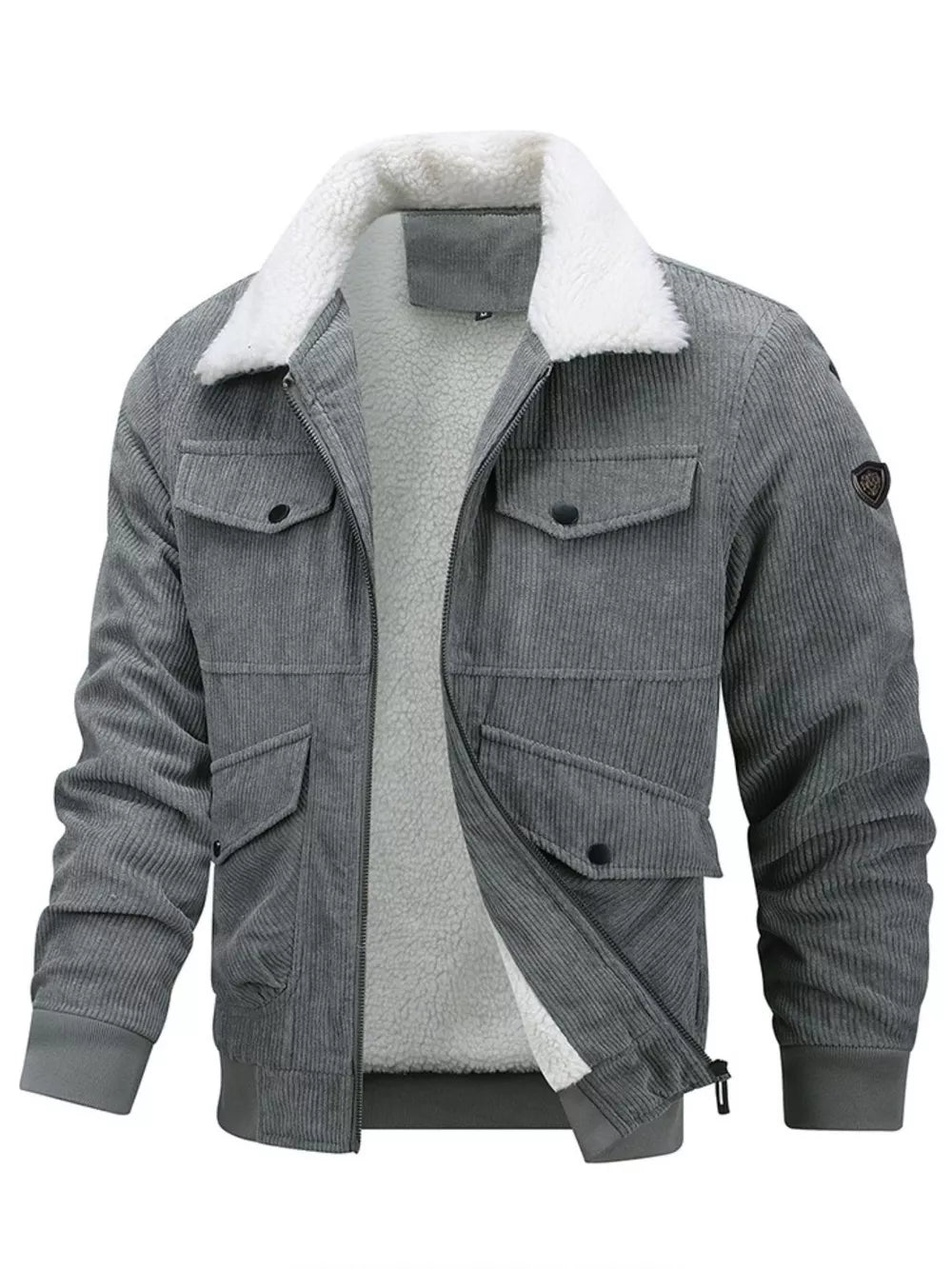 Men's gray corduroy sherpa bomber jacket with multiple pockets and white sherpa collar.