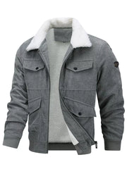 Men's gray corduroy sherpa bomber jacket with multiple pockets and white sherpa collar.