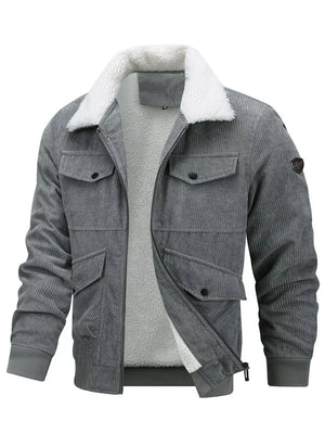 Men's gray corduroy sherpa bomber jacket with multiple pockets and white sherpa collar.