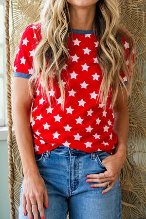 Red star print tunic t-shirt with blue trim and crew neck.
