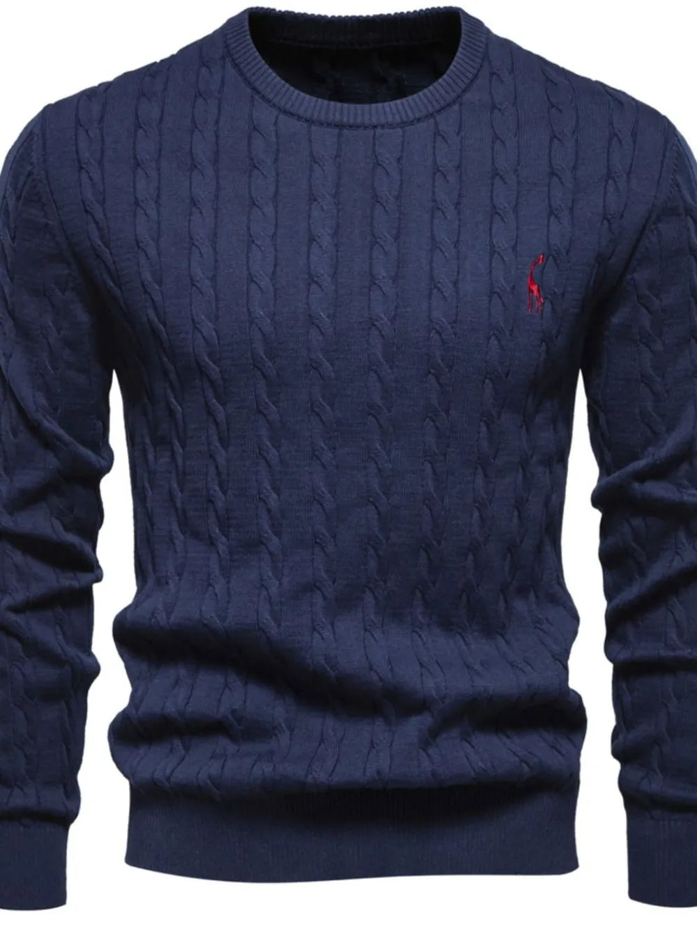 Navy cable knit crewneck sweater with red embroidered detail