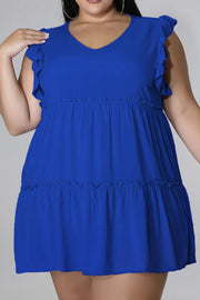 Royal blue tiered ruffle babydoll mini dress with v-neck and flutter sleeves.