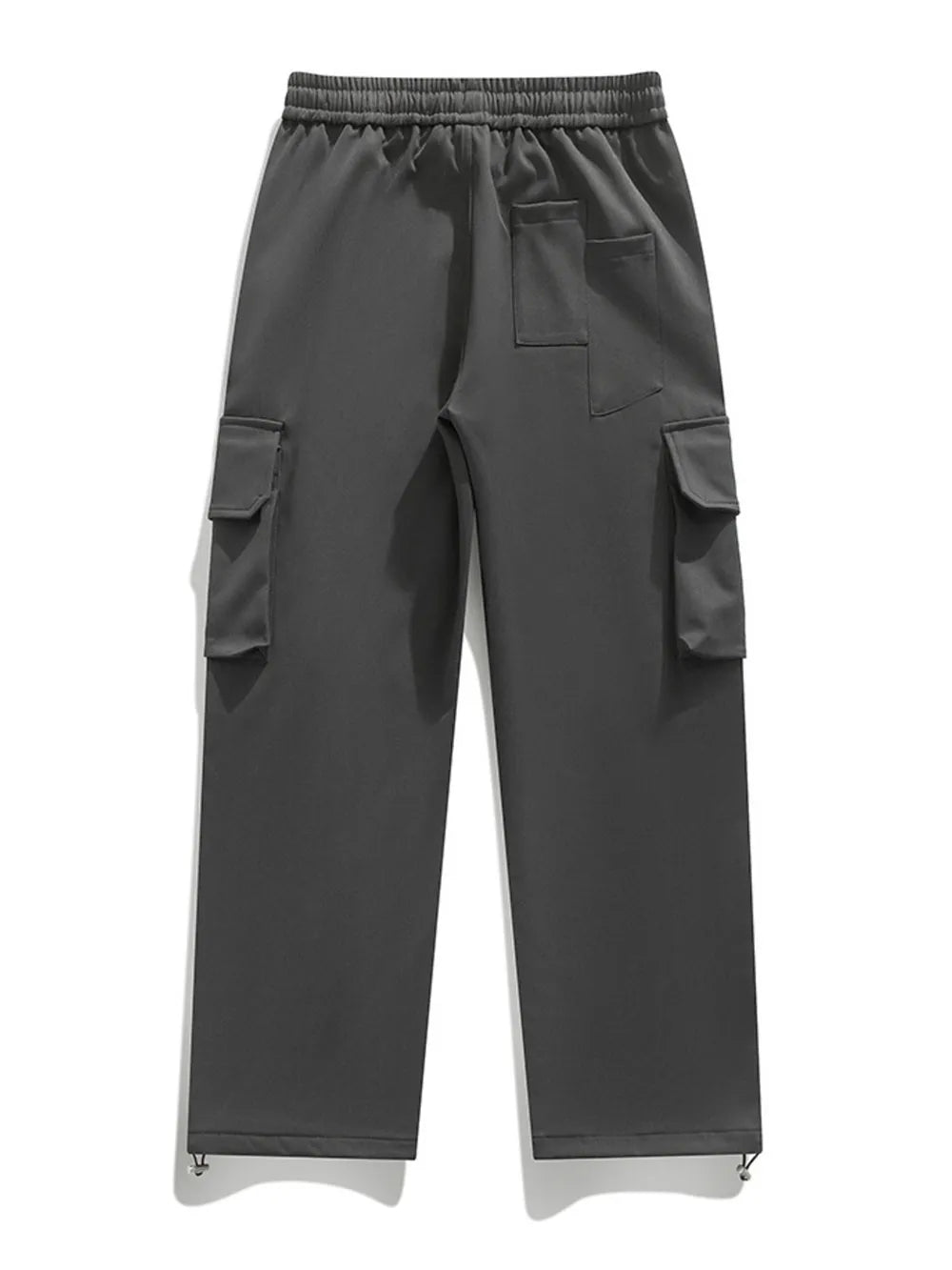 Grey cargo pants with drawstring waist, multiple pockets, and adjustable ankle cuffs.