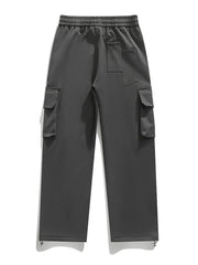 Grey cargo pants with drawstring waist, multiple pockets, and adjustable ankle cuffs.