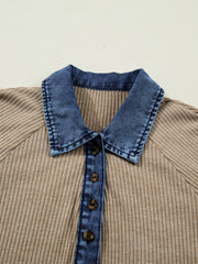 Ribbed knit shirt in tan with blue denim collar and button placket.
