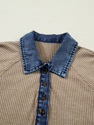 Ribbed knit shirt in tan with blue denim collar and button placket.
