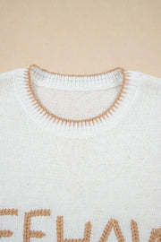 White knit sweater with embroidered "Yeehaw" text and stitch trim neckline