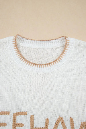 White knit sweater with embroidered "Yeehaw" text and stitch trim neckline