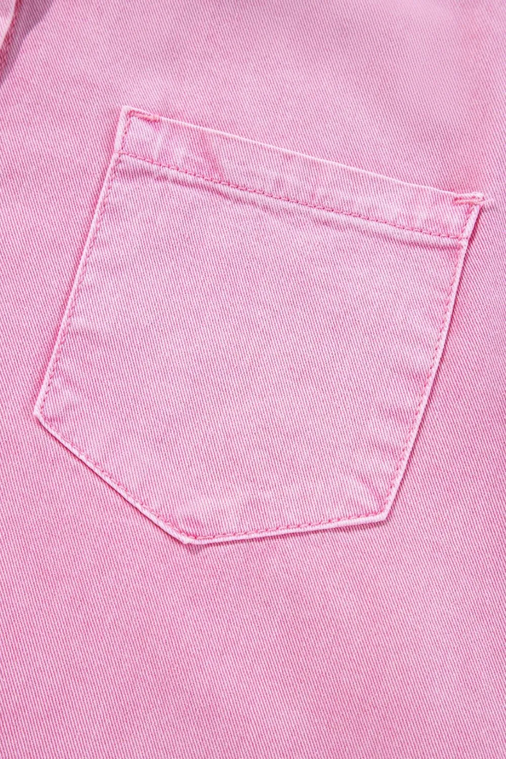 Rolled sleeve denim shirtdress in blush pink with a single chest pocket.