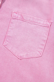 Rolled sleeve denim shirtdress in blush pink with a single chest pocket.