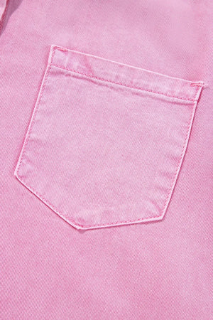 Rolled sleeve denim shirtdress in blush pink with a single chest pocket.