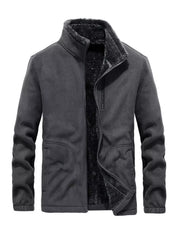 Dark Gray fleece lined full zip jacket with stand collar and zippered pockets.
