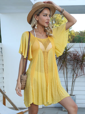 Yellow crochet inset beach cover-up dress with short flutter sleeves and A-line cut.