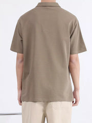 Men's camel short sleeve polo with subtle horizontal texture.