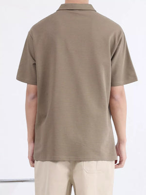 Men's camel short sleeve polo with subtle horizontal texture.