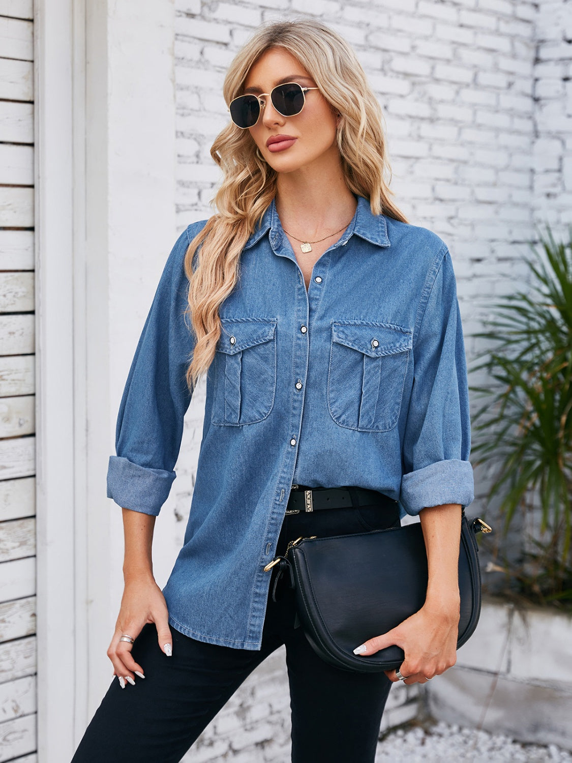 Oversized Dusty Blue denim utility shirt with button-down front and dual chest pockets.