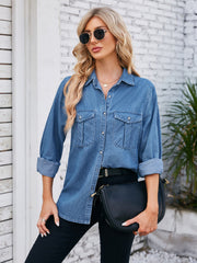 Oversized Dusty Blue denim utility shirt with button-down front and dual chest pockets.