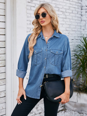 Oversized Dusty Blue denim utility shirt with button-down front and dual chest pockets.