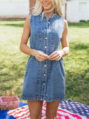 Belted denim dress with button front, collared neckline, sleeveless, A-line skirt.