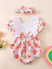 Floral print baby bodysuit with ruffled sleeves and bow, includes matching headband.