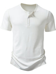 Men's white ribbed short sleeve henley t-shirt with button placket.