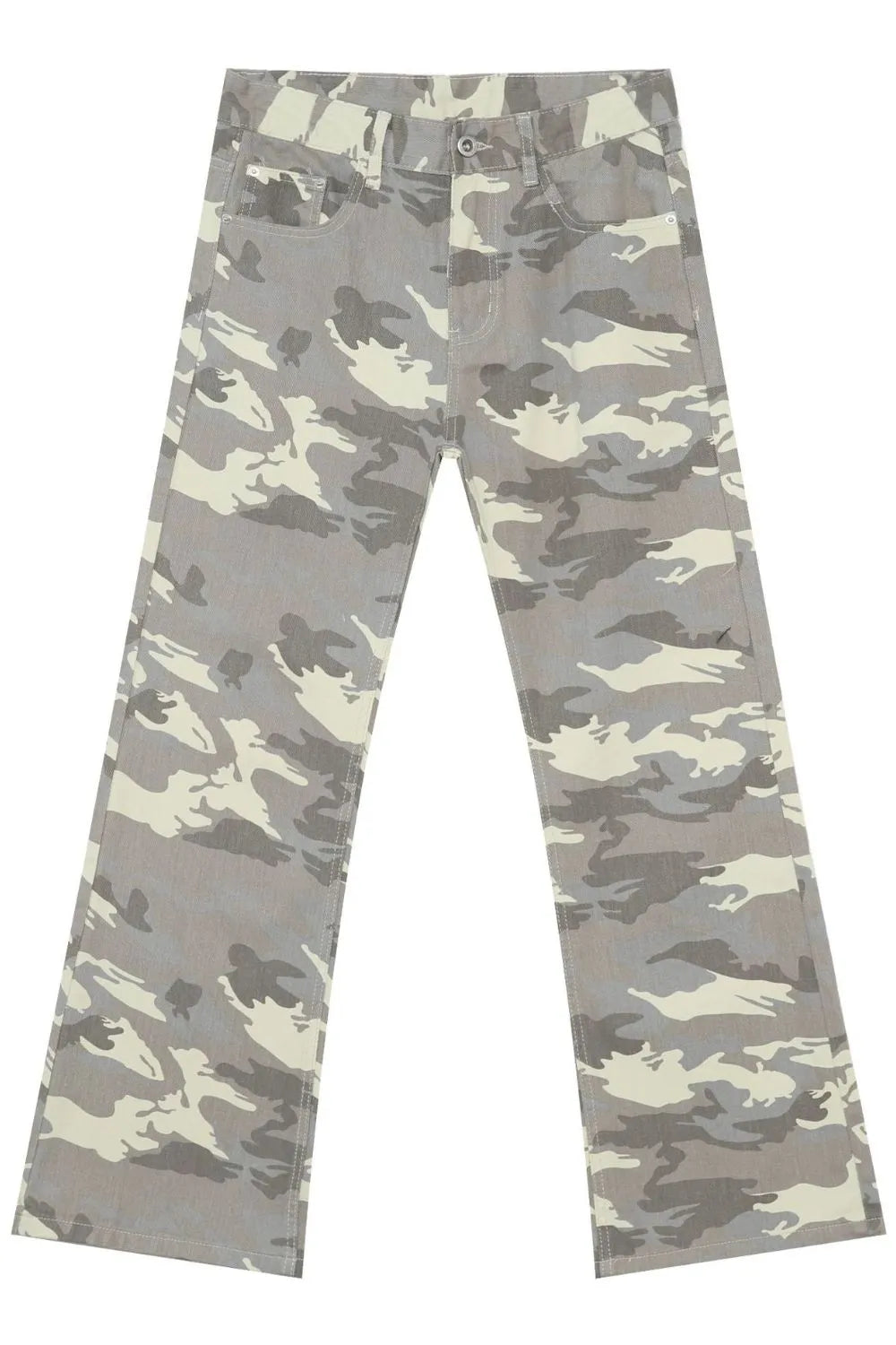 Camouflage flare denim trousers in gray with a relaxed fit.
