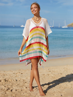 Rainbow stripe crochet beach poncho with V-neck and short sleeves, made of 100% polyester.