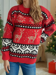 Festive Fair Isle knit sweater in deep red with reindeer and snowflake pattern.