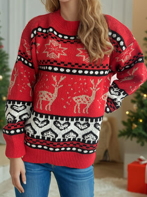 Festive Fair Isle knit sweater in deep red with reindeer and snowflake pattern.