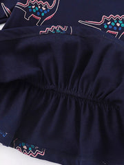 Dark navy cotton sweatshirt with dinosaur print and ruffled hem detail.