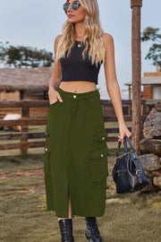 Army green denim midi skirt with slit and cargo pockets
