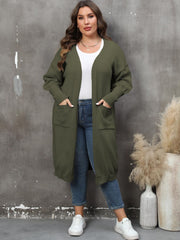 Oversized knit duster cardigan in army green with patch pockets and a relaxed fit.