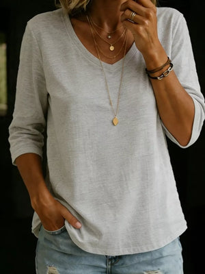 Full Size V-neck 3/4 Sleeve T-shirt Plus Size, fabric detail