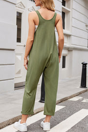 Relaxed fit matcha green tank jumpsuit with pockets and cuffed ankles.
