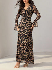 Maxi dress with animal print, V-neck, and flare sleeves.