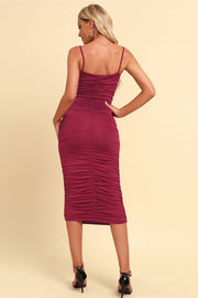 Burgundy ruched midi cami bodycon dress with spaghetti straps and a flattering fit.