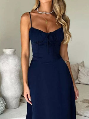 Navy tie-front maxi dress with spaghetti straps and sweetheart neckline.