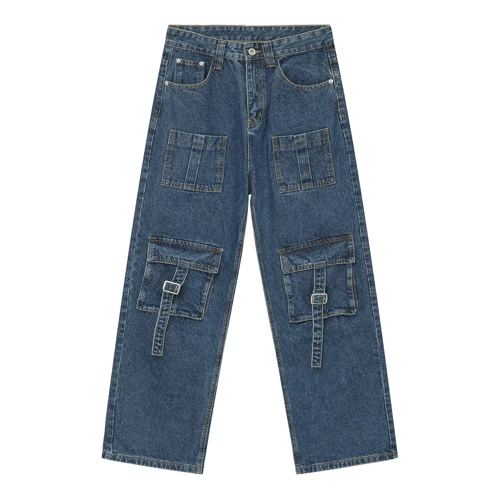 Medium wash denim cargo pants with multiple buckle pockets and a relaxed fit.