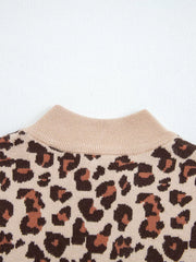 Leopard print ribbed high neck sweater dress with beige mock neck detail.