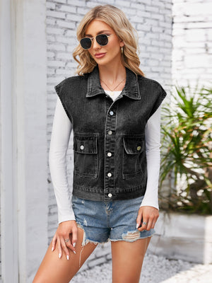 Sleeveless black washed denim utility jacket with button front and chest pockets