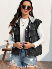 Black denim hooded vest with button front and drawstring hood, styled casually.