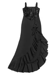 Black sequin bodice maxi dress with ruffled skirt detail