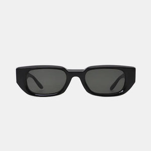 Black smoked acetate angular sunglasses with dark lenses.