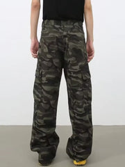 Men's camo print wide-leg cargo jeans with multiple pockets.