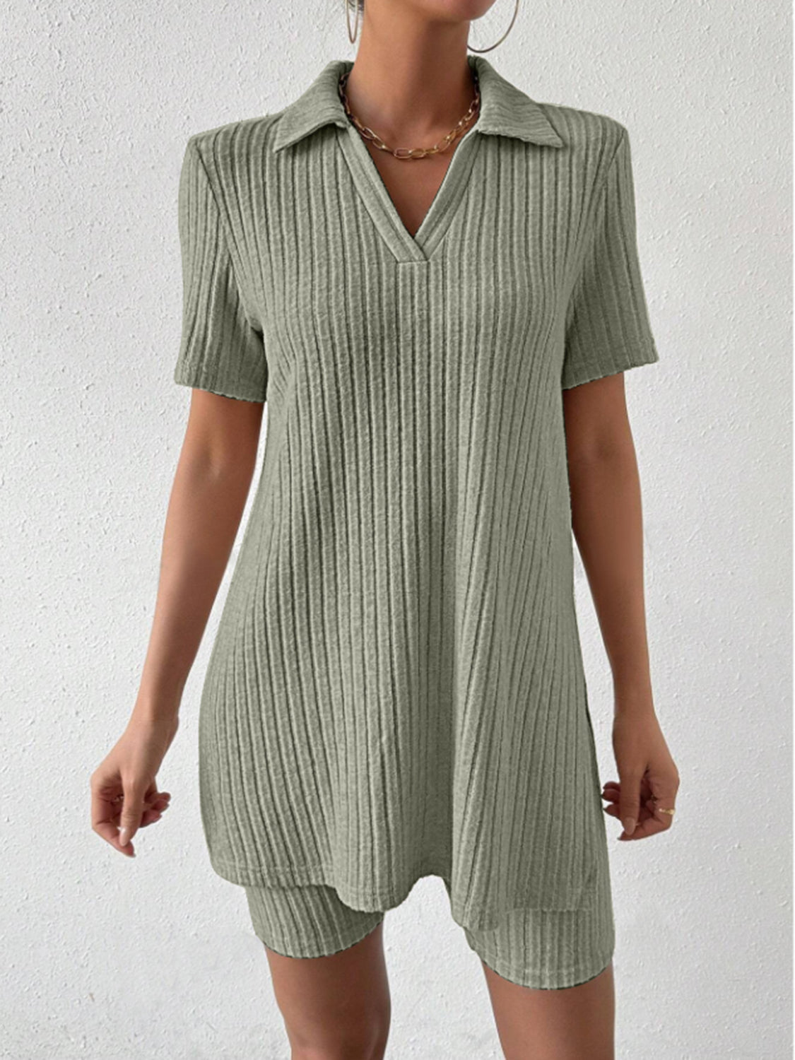 Sage ribbed polo shirt and shorts set with V-neck and collar detail